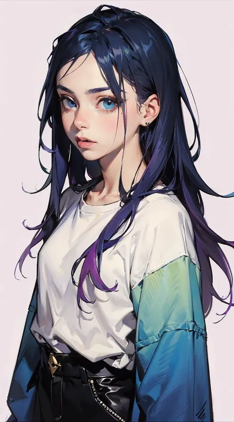 ((1girl, solo), Billie Eilish), (blue hair:1.1), (purple hair), gradient hair