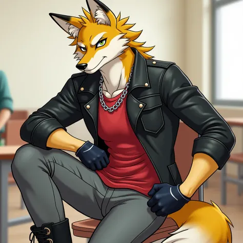  Draw an anthropomorphic adolescent wolf of yellow and white color with a muscular build, with a red shirt, black leather jacket , grey pants,  black gloves ,  some black boots ,  a silver chain and a hoop on his right ear .
He is in a school ,  sitting wi...