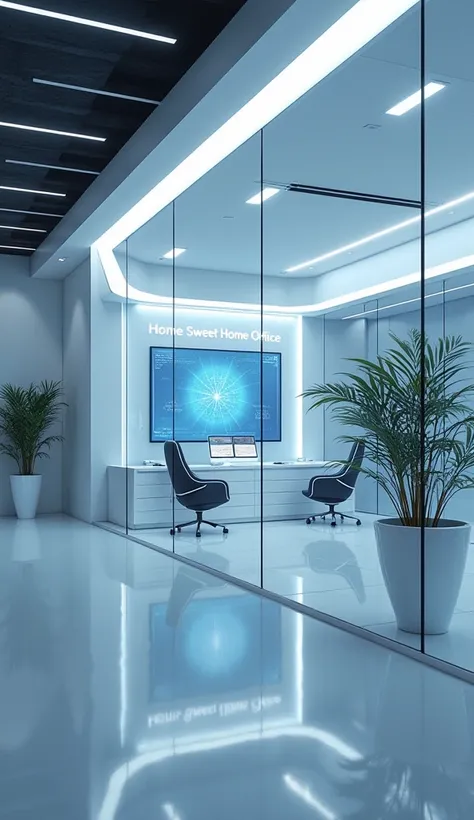  Create an image of a modern and futuristic office ,  with an elegant and technological design .  The space must include minimalist, straight-lined furniture ,  transparent glass surfaces ,  and built-in LED lighting that enhances the environment .  Add hi...