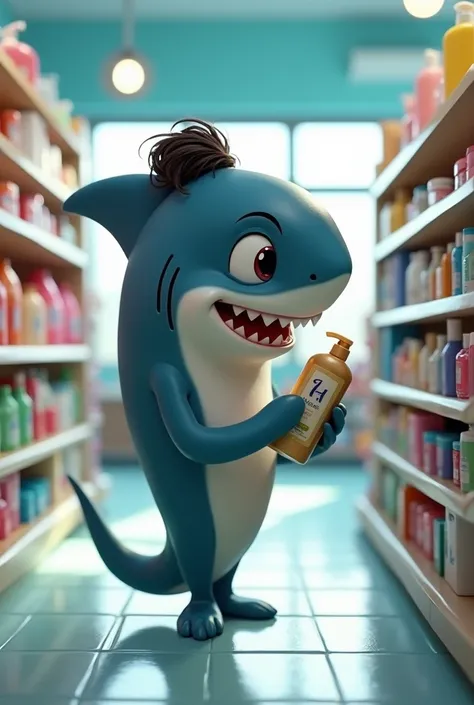 a female Pixar-style shark ,  with dark hair tied up, at a pharmacy ,  with a shampoo in hand 