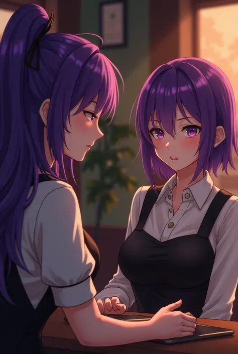 Waitress with the eyes of a lover seeing a serious woman with purple hair