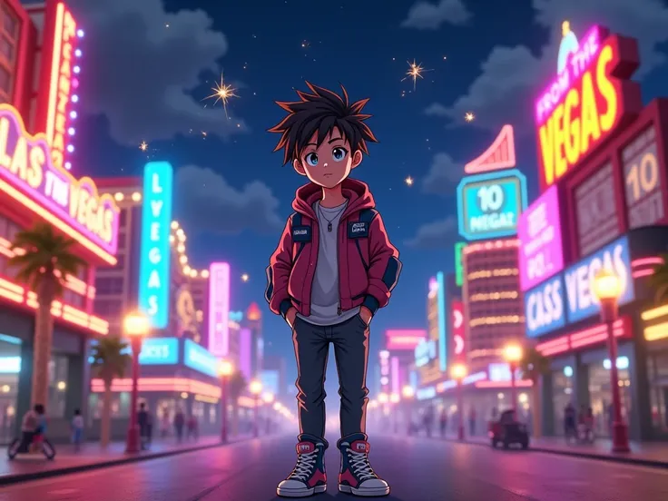 Prompt para Capa do YouTube:

 Create a colorful and stylized cover for a YouTube channel ,  elements featuring a young boy in a vibrant Las Vegas setting , not anime style.  The character must have a modern and stylish look ,  with flashy outfits,  like a...