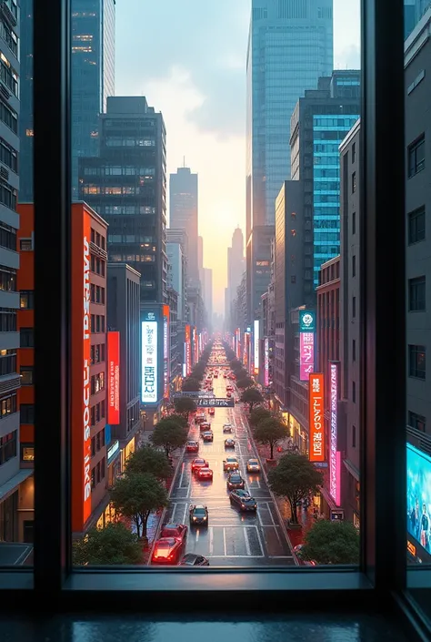  View of the fifth floor of a building ,  seeing other taller buildings with contemporary colors ,  high resolution the image , cinema level ,  it is raining while colored cars and several banners and screens showing the light of the sun go by on the stree...