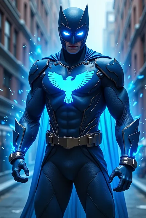  16-year-old superhero , blue suit ( dark and light tones ),  and with black parts ,  on his chest he has a blue eagle in an attack position , He has a mask ,  and throws blue rays from his hands that also sprout from his body, And that same hero faces a s...