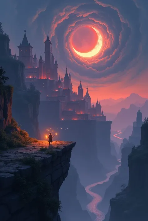 Dungeons and Dragons landscape art inspired, by Anton Fadeev, christopher Balaskas, Donato Giancola, A mystical metropolis rises from darkness, its multi-tiered architecture aglow in warm orange light, as if infused with magic energy. A Red and Blue outlin...