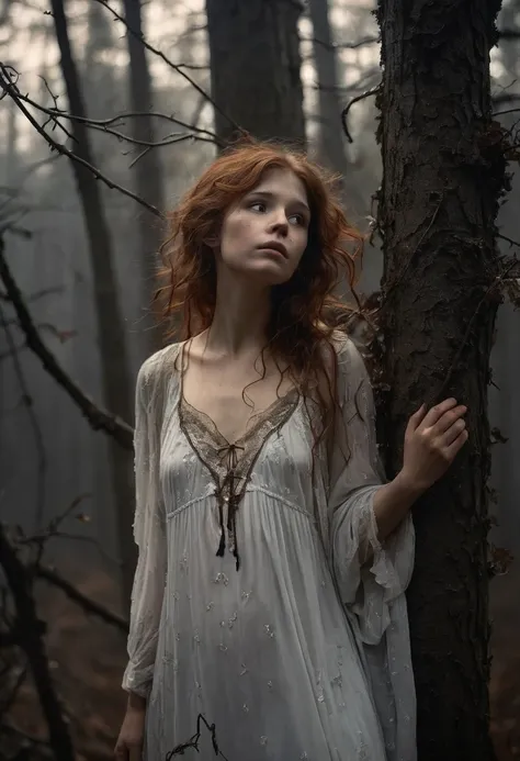 Full portrait, Realistic, Photorealistic, RAW photo, Highly detailed, cinematic rendering, Wild Dead Forest, evening, Cute 24-year-old woman, Leaning back in a tree and looking up at the grey cloudy sky, Redhead, Sexy, Dressed in a white tattered nightgown...