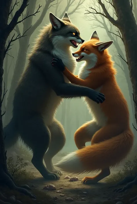 make a cat fight with a very macabre and realistic fox