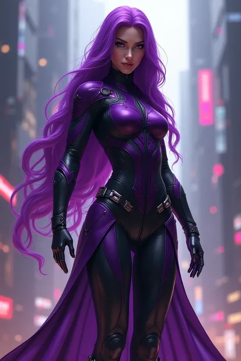 superhero woman, Color purple long hair black 