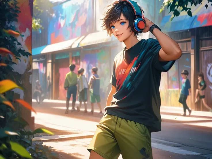  1 boy whos still going, black short hair, blue eyes, headphones over ears ,graphic t-shirt,Green shorts, sneakers,Artistic Backgrounds ,Abstract Painting,  bright color , Bright Atmosphere , HIGH QUALITY ILLUSTRATION (4K,Realistic),Summer sunshine, Dynami...