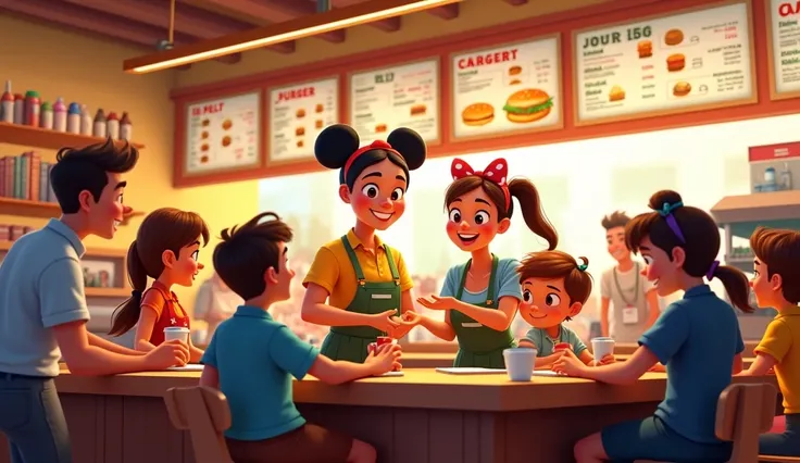 s are helping in burgers istall by taking order so many customers are there caption add customer in pic Disney animation pixers