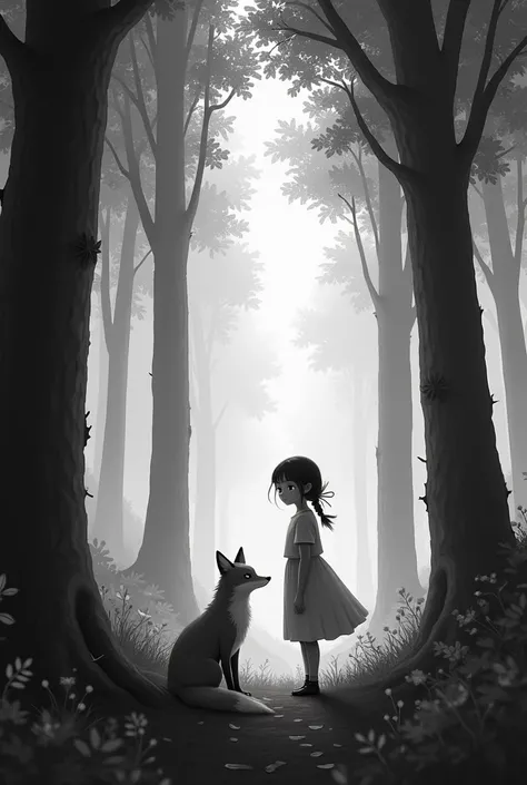  A forest with a young girl and a fox. Black and white image 