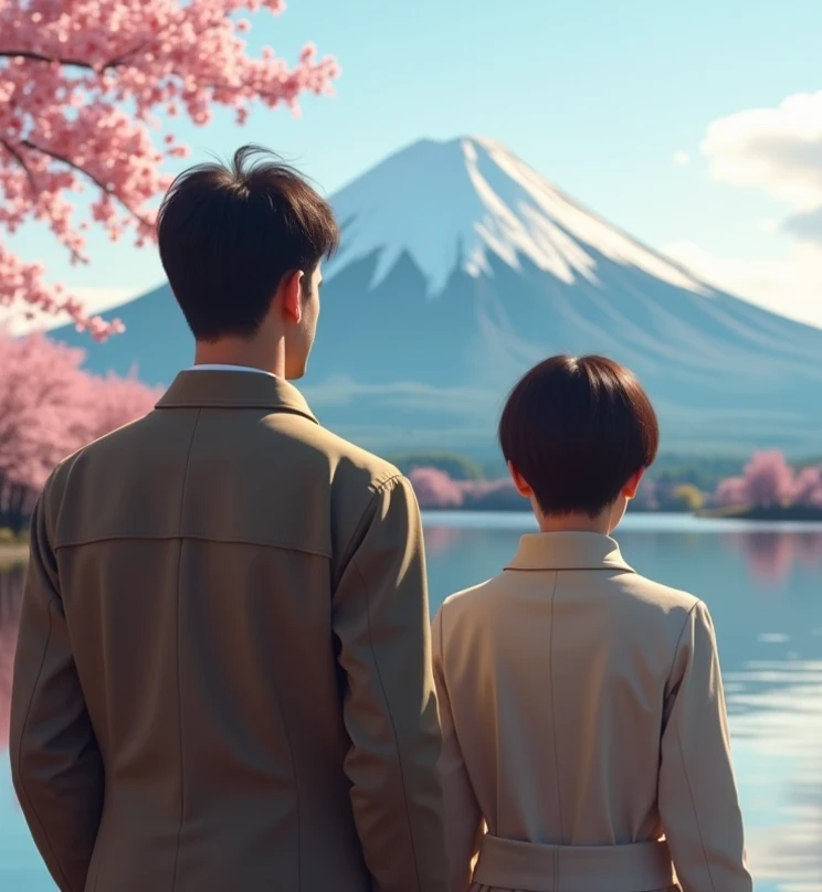 Realistic, man 50 years, under cut dark brown hair, charming face most details hd, strong and perfect shape, tan skin, wearing neat shirt jacket and woman 40 years pixie cut standing in front of Fujiyama,  looking straight ahead, lake , cherry blossom tree...