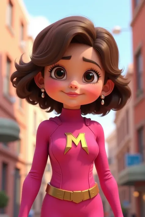  Mariana is a  with short hair over her shoulder, brown and big eyes., Chubby cheeks. She wears a pink superhero outfit with a gold M on her chest . Dont wear earrings 