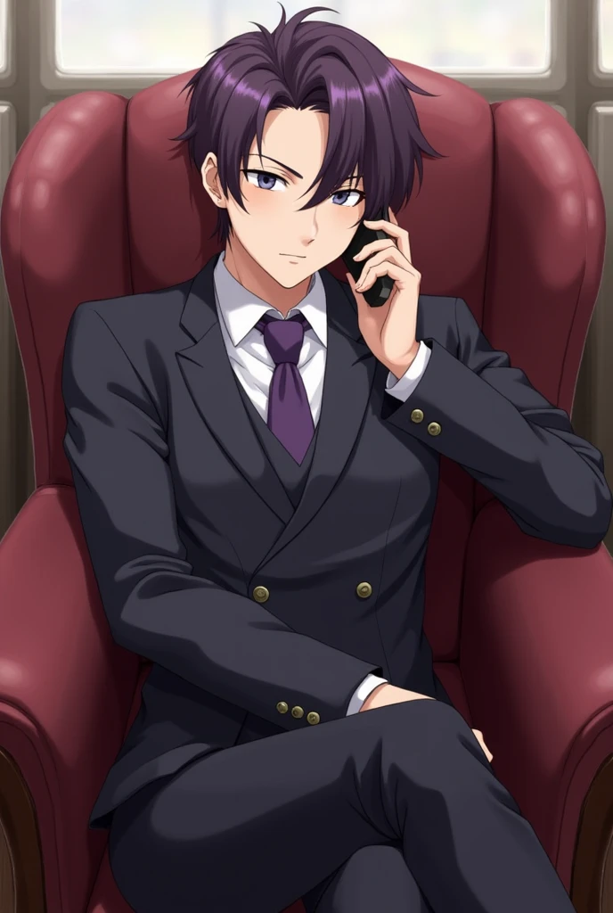 high, Handsome brunette,  satoru goyo style , model, posing,  sitting in a leather chair ,  purple hair , grey eyes, well-defined eyes,  anime style, Manga style,  High Definition , sostiene un celular en su right hand, right hand,   talking on a cell phon...