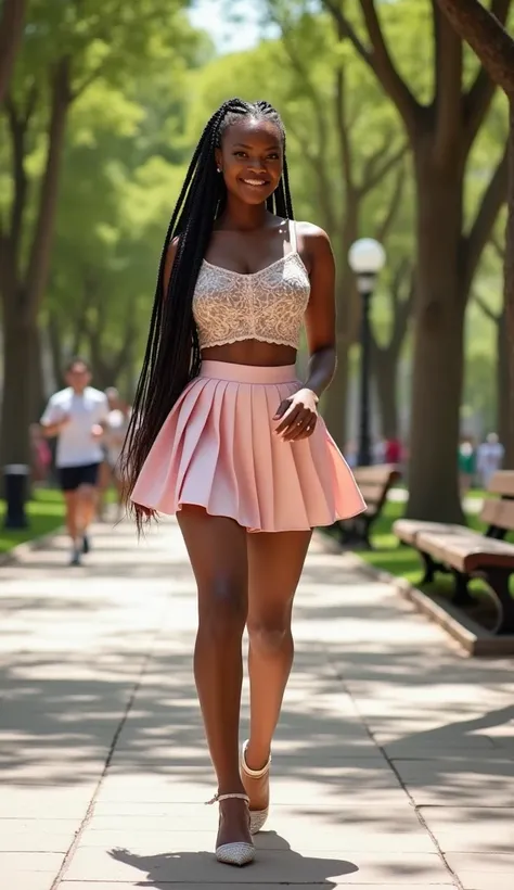 A curvaceous Black woman wearing a fitted crop top with intricate embroidery, paired with a pleated mini skirt in blush pink and ankle-strap flats. Her hair is styled in long sleek braids. The backdrop is a sunny park with tall trees, benches, and people j...