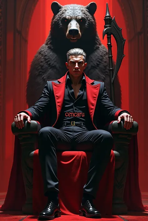 A real handsome Malay man have a brown hair with the white highlights. have a little fang
 
sitting with the cool pose at the throne wearing black and red suit like a vampire. also wearing cloak. have a "CENCARU" wording at his clothes

have big statue bad...