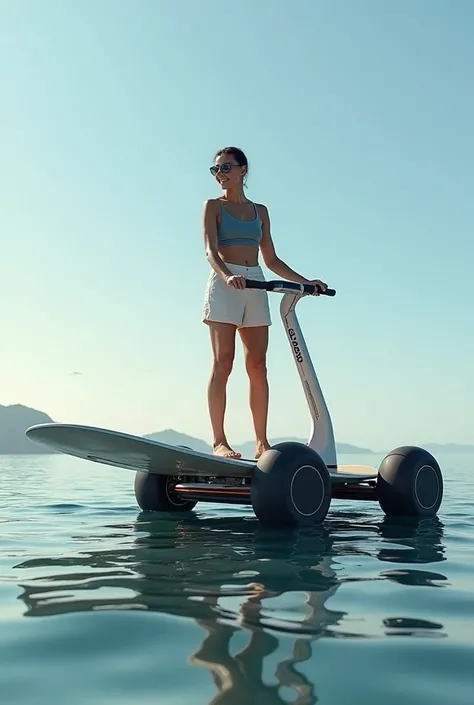 Create a four-wheeled scooter where the bottom ,  the base for riding is a large surfboard with a motor so that it can ride on land and water 