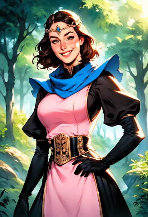 masterpiece, best quality, priMaam, medium hair, blue scarf, circlet, short dress, pink tabard, black sleeves, belt, gloves, looking at viewer, :D, furrowed brow, forest, large breasts, looking at viewer, smile, hand on hip, village, forest