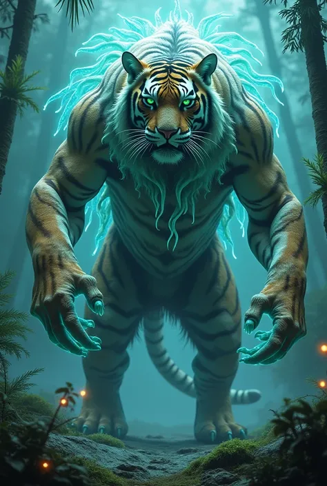 A massive creature combining a tiger and a jellyfish: the tiger’s muscular body with glowing stripes and tentacles flowing from its back, pulsating with a bright blue bioluminescence. Its eyes shine a haunting green, and its claws are partially transparent...