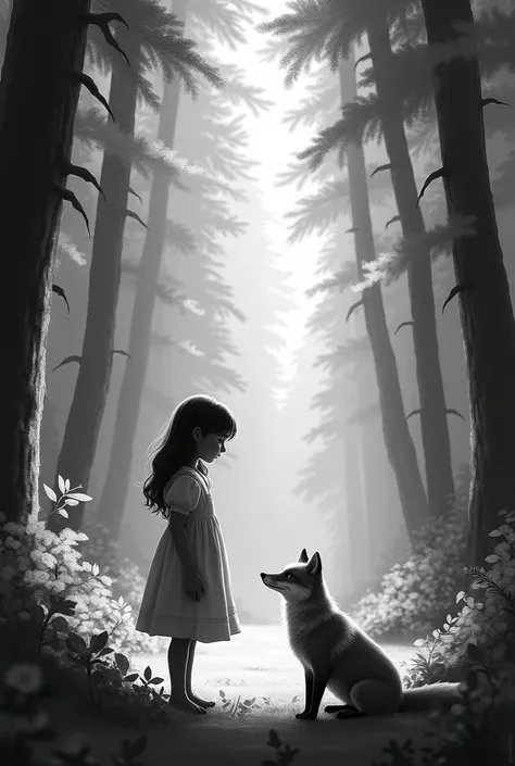 A forest with a 15-year-old girl and a fox. Black and white image 