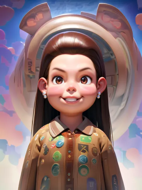  Pixar-style poster 3d ,  of a  ,  weighing one and a half meters and 48 kilos , oval face, straight hair, enfase no straight hair, Dark brown hair color,  long hair length ,  little larger than the middle of her back ,  hair with little volume ,small fore...