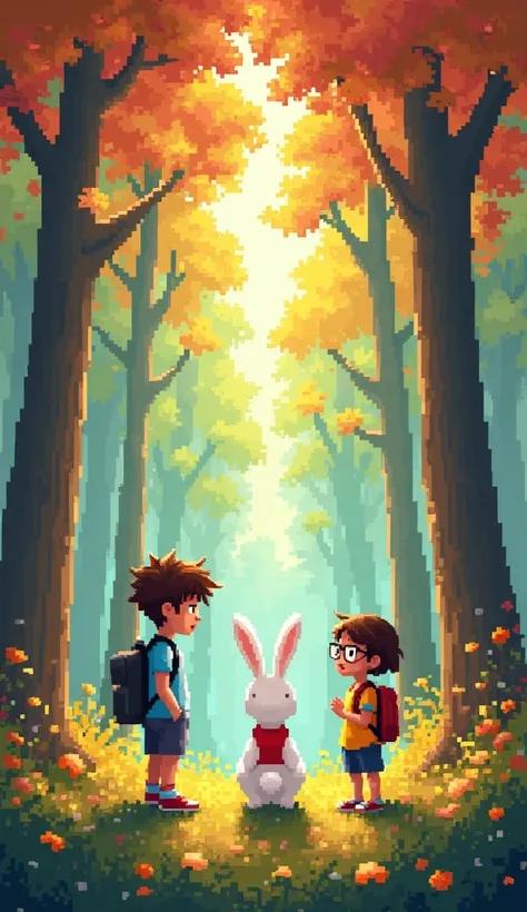  An enchanting scene of a magical forest in pixel art ,  with tall trees full of colorful leaves that shine in the golden sunlight. in the center, a white rabbit,  with a red vest ,  Shes standing on her back legs , looking at a boy and a  .  The boy has m...