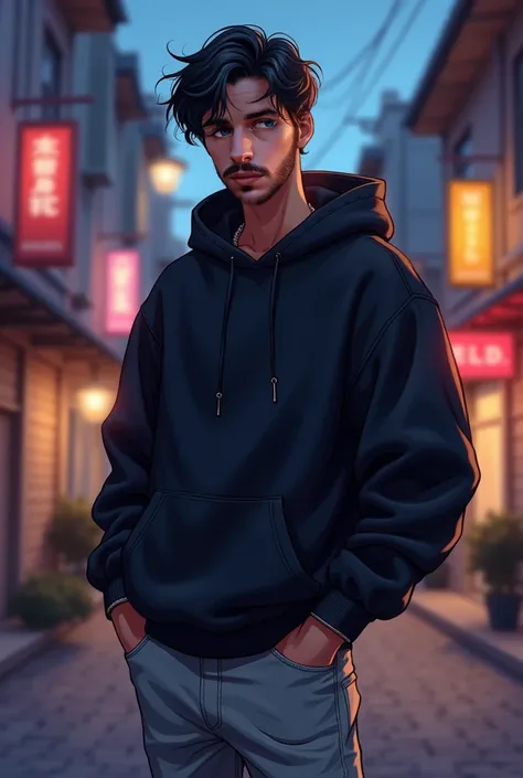 (masterpiece, best quality, ultra-detailed, illustration), detailed face, perfect body, 1boy,25yo, beautiful boy, solo, Black hair, Hip-hop costumes Oversized hoodie,Plain black hoodie,Wearing a hood,light gray jeans, Decisive Pose, In town, Late Night, sm...