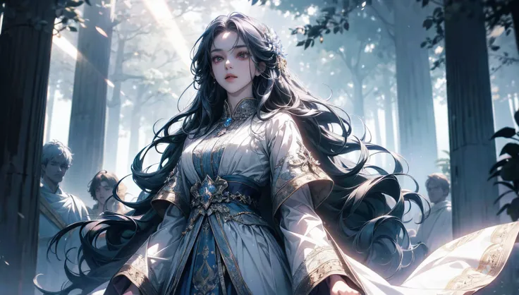 A group of otherworldly yet elegant figures standing around a massive sacred tree, its trunk carved with glowing runes. The tree emits a soft, pulsating light that illuminates the scene. The characters are dressed in ornate fantasy outfits with shimmering ...