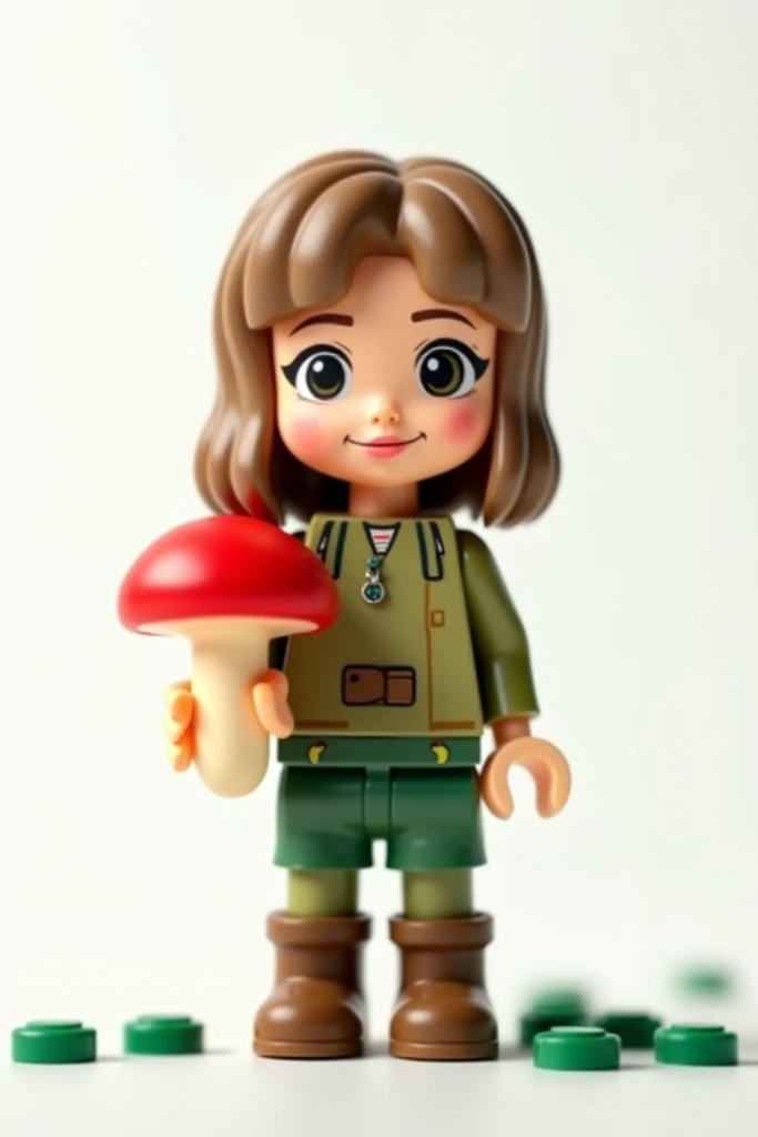 a Lego doll on a white background , white skin , clothes in shades of green and brown, light brown hair with bangs,  medium size hair ,  holding a red mushroom in one hand,  she is erect and positioned from the front, cute expression. 