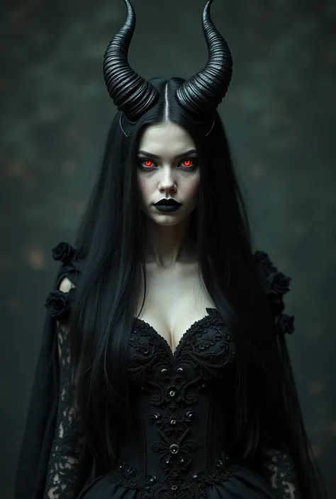 A striking image of a young woman with long black hair that has big black horns with red eyes in a vampire goddess dress