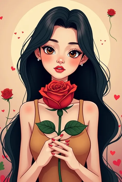 Cartoon woman with long black hair holding a rose 