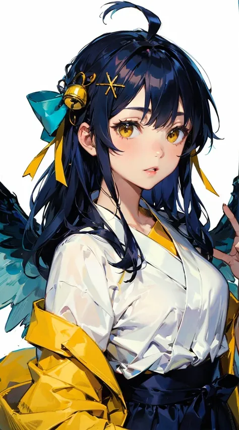 Amamiya Kokoro, blue hair, hair ribbon, yellow eyes, ahoge, wings, bell, x hair ornament, hair bell, anmi