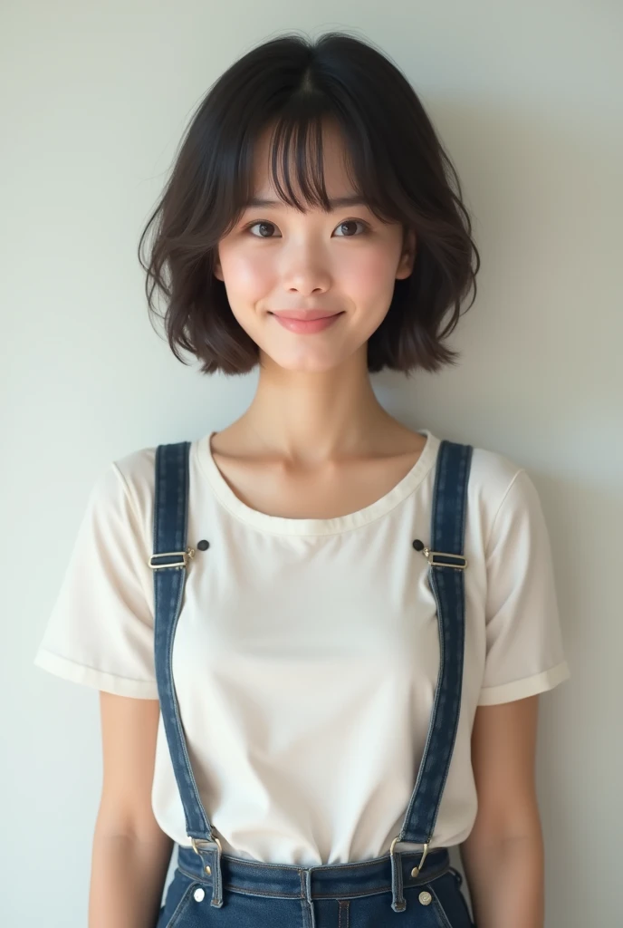 Japanese woman, 30 years old, (Very real), (Short hair: 1. 8),    Smile,    Look at the lens   , white close-fitting small suspenders, (Chest: 1. 7)，very good, stand upright, Front view,     Very Detailed Faces    ,     high resolution,     without makeup ...