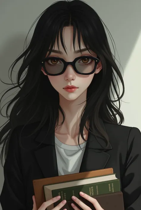  portrait of a girl with black hair , black optical lenses ,  brown eyes and a little slap , Tall and skinny with books in her hand