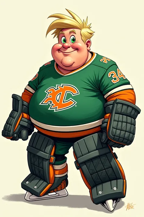 Light-haired, green-eyed fat white man in goalie clothing