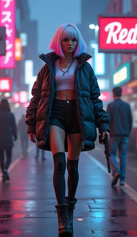 "Ultra-high resolution, UHD, ultra-detailed, hyper-realistic skin texture, high-quality rendering, photorealistic portrait of a character named Lucy from cyberpunk edge-runner, . She has a choppy bob hairstyle with asymmetrical, pure white hair styled in l...