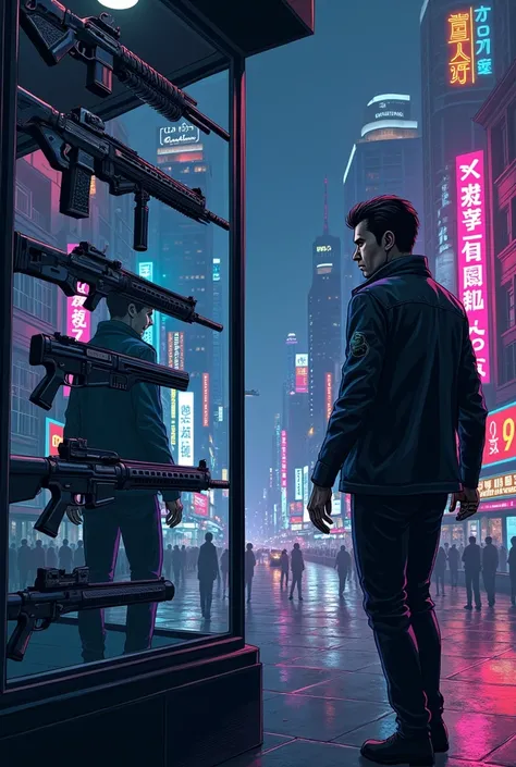 In a neon-lit, futuristic city, a 36-year-old man walks through the dark, bustling streets, his gaze drawn to a weapons store with sleek, advanced firearms on display. He stops and looks at the weapons, but it’s his reflection in the glass that captivates ...