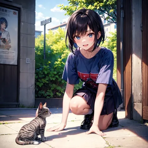 “A teenage girl in a school courtyard kneeling dramatically, reaching out toward a stray cat with a pleading expression as if making an important request. The cat, unimpressed, walks away with an indifferent attitude. In the background, a few students are ...