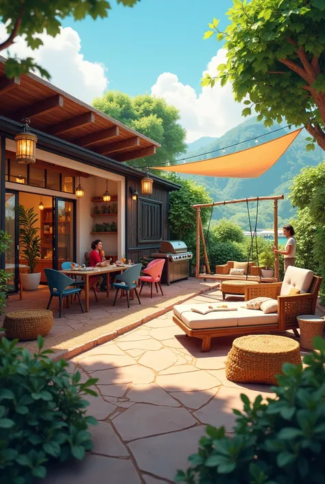  make a rendering of a terrace, with furniture such as a grill , sofa, swing, tables, etc