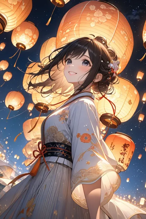 1girl,beautiful detailed black eyes, beautiful detailed face,playing kites, kites, bright smile, looking up, from side, nigh time, many flying lantern on the sky, floating lanterns,sky with various connected star astrological sign, Sagittarius star ,glowin...