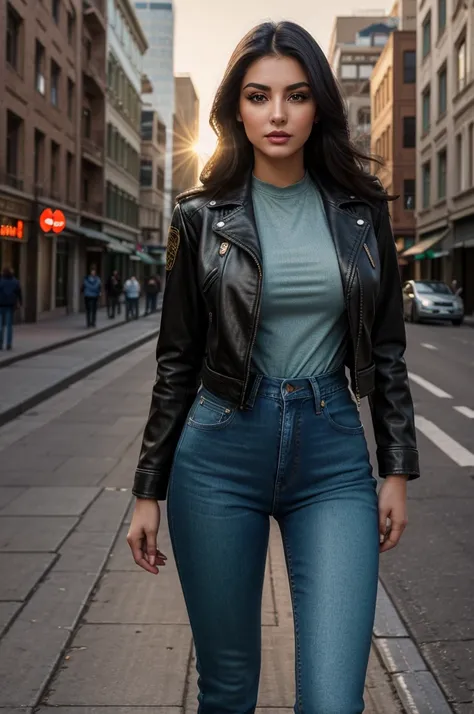 A beautiful azeri woman, detailed face, green eyes, long eyelashes, full lips, wearing a casual urban outfit, denim jeans with a leather jacket and riding boots, standing in a city street at sunset, warm lighting, photorealistic, 8k, ultra-detailed, master...