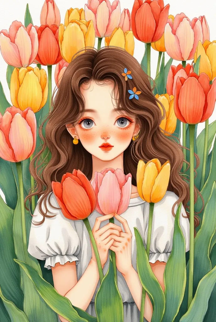 sweet tulip girl，colored pencil sketch