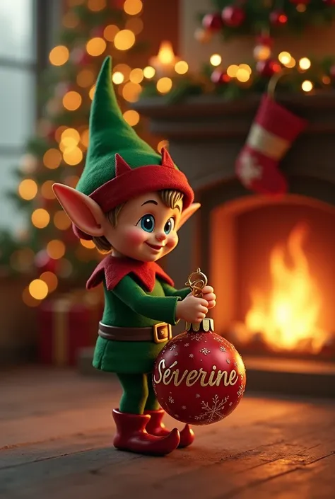 Create an image with a Christmas background with an elf with a Christmas ball with the first name Séverine written on it