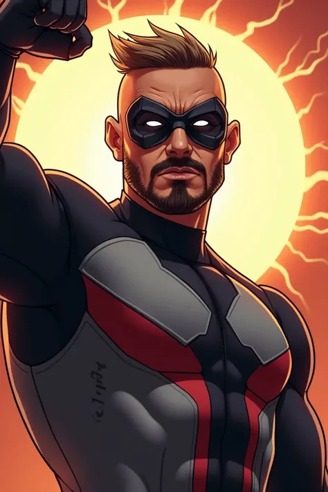 " Image of a superhero with cropped mohawk hair ,  in gray tones  .  He has a more prominent mustache and a trimmed beard .  His hero costume is modern and aerodynamic ,  with shades of gray and black and red details .  He wears a stylized mask that reveal...