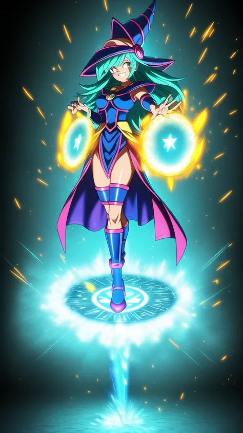 
dbsuper style, (extremely detailed CG unity 4k wallpaper),(masterpiece),(ultra quality),(ultra-detailed),(best illustration),(best shadow),(absurdres),masterpiece, best quality, cinematic light, 1girl, grin, dark magician girl, ocean-green colored hair, b...