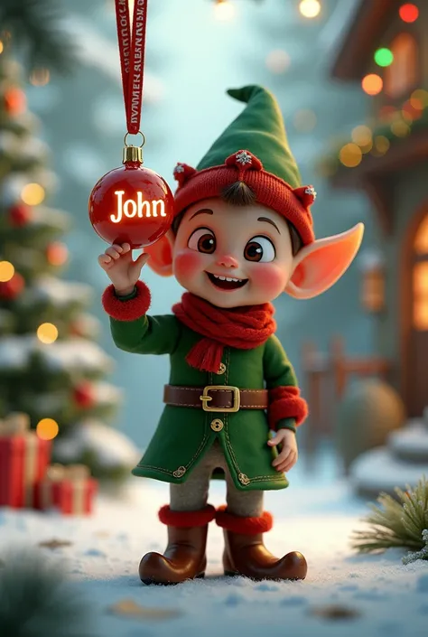 Create an image with a Christmas background with an elf with a Christmas ball with the first name John written on it