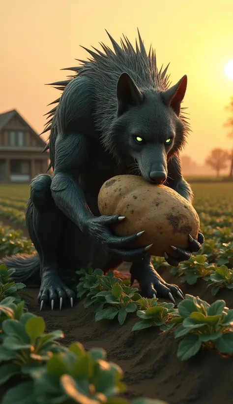 

monstrous wolf hybrid sitting in the middle of a potato field in a rural village setting during sunset. The creature has the muscular body of a wolf but features monstrous details: glowing green eyes, sharp spikes along its back, and claws that sink into...