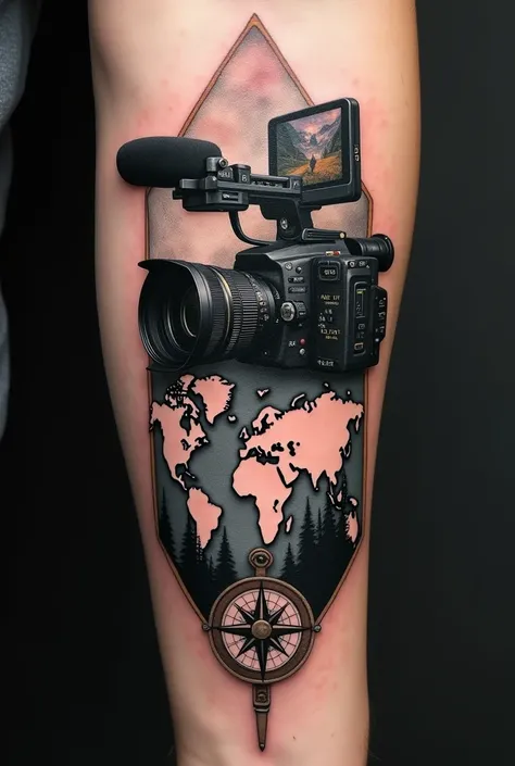  A tattoo design for the outside of the arm ,  containing a modern video camera ,  with 80s style photos in the background on the top of the camera at the top of the project,  at the bottom a world map with a compass and at the end a black forest ! The bla...