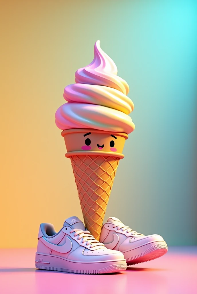 Crear una imagen de un cono de helado 🍦 animado usando unas zapatillas AF1, Make the image beautiful  
