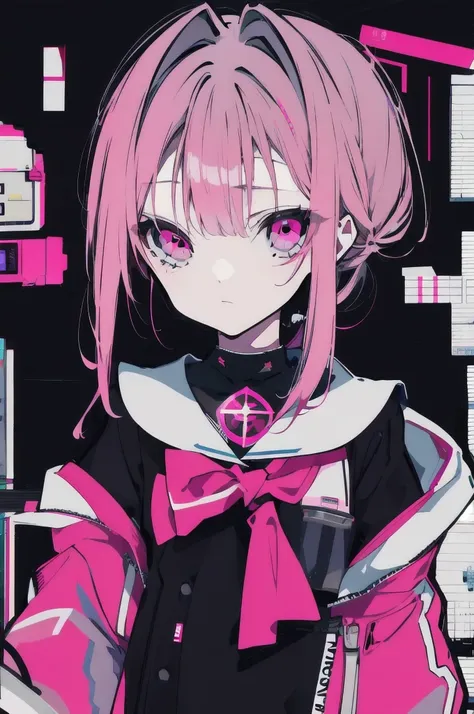 · Black and Dark Grey Backdrop · Eyes Down · Standing · Alone Girl · Short Ponytail with Low Saturation Pink · Pink Eyes · Black and Pink Sailor Suit · Scattered Broken Glass · Glitchy · Buggy Background · Top Quality